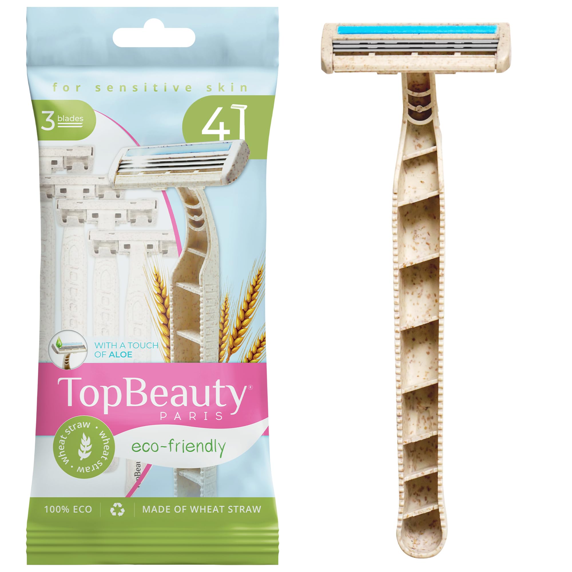 Topbeauty Paris Womens Disposable Eco Razors - 4 count - 3 Blades - Wheat Straw Handle - Close Shave - Multipurpose Shaving Facial Body Bikini Hair
