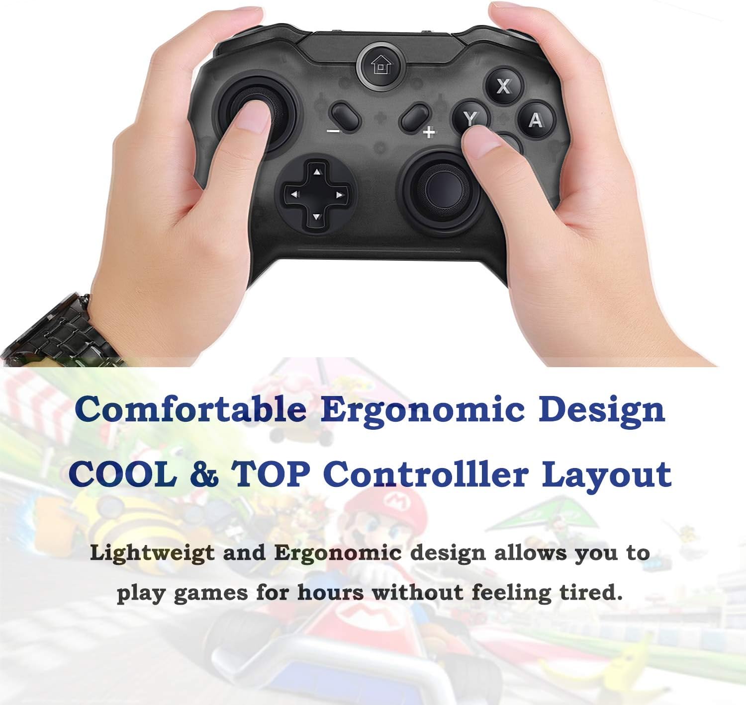 Maegoo Wireless Controller held in hands, showing ergonomic design and button layout.