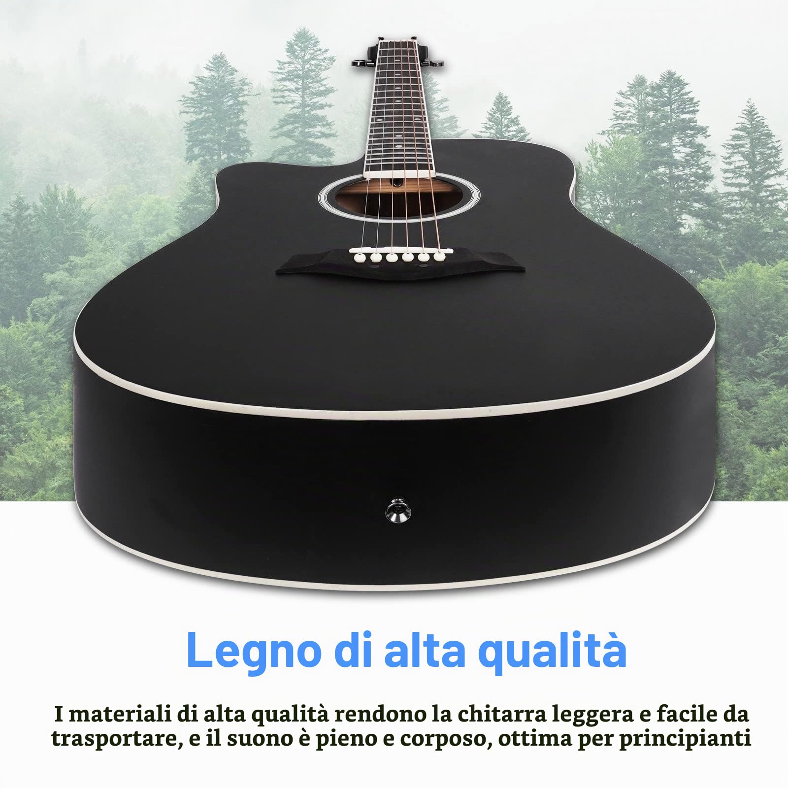 Vangoa 4/4 Chitarra per Mancini Principianti Adulti Mancina Acustica Chitarra Cutaway Left Handed Guitar Kits, Nero