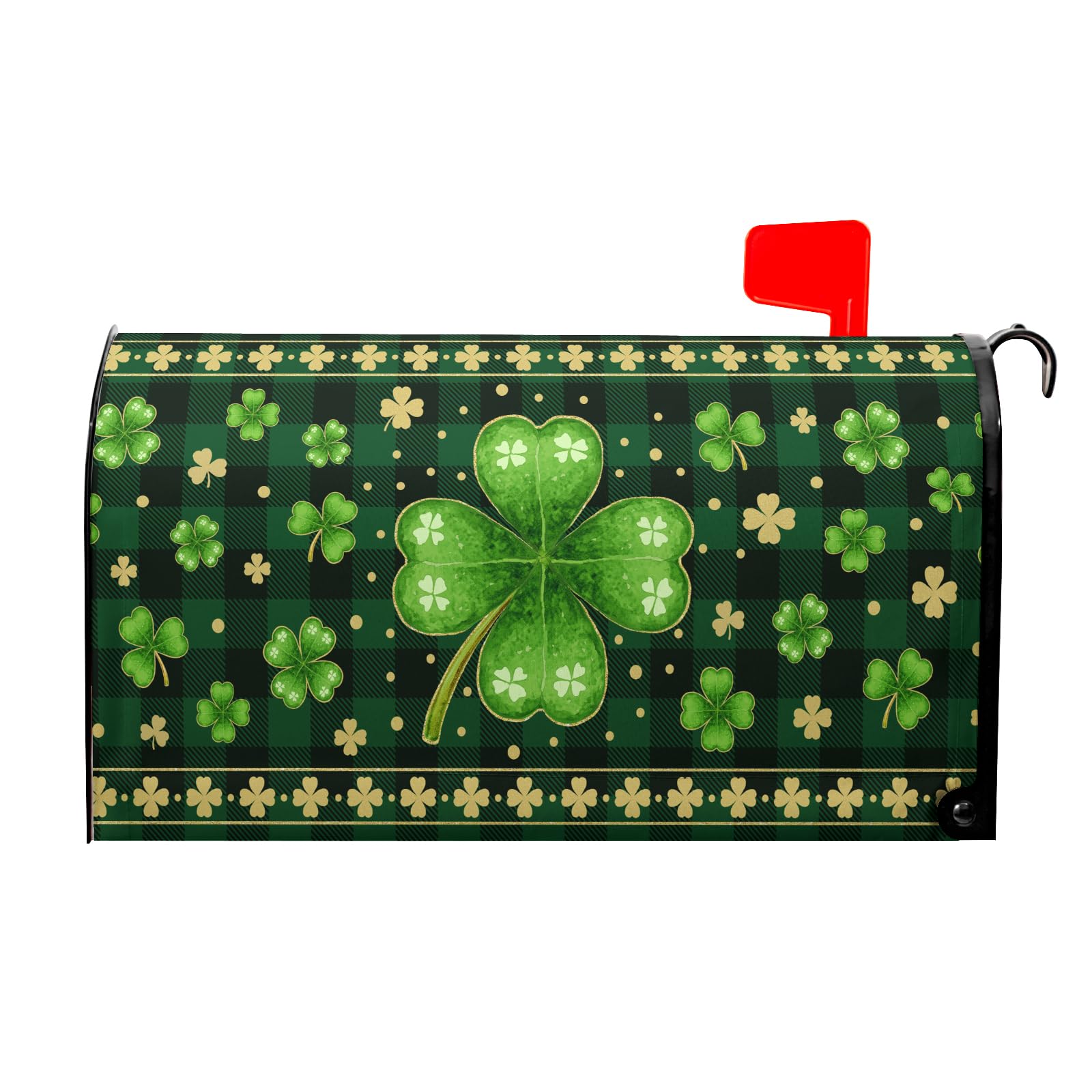 Happy St. Patrick's Day Mailbox Covers Magnetic Plaid Shamrock Green Leaf Mailbox Cover Standard Size 18 X 21 Inch Spring Clovers Holiday Wrap Post Letter Box Decorative for Outdoor Home Garden Yard