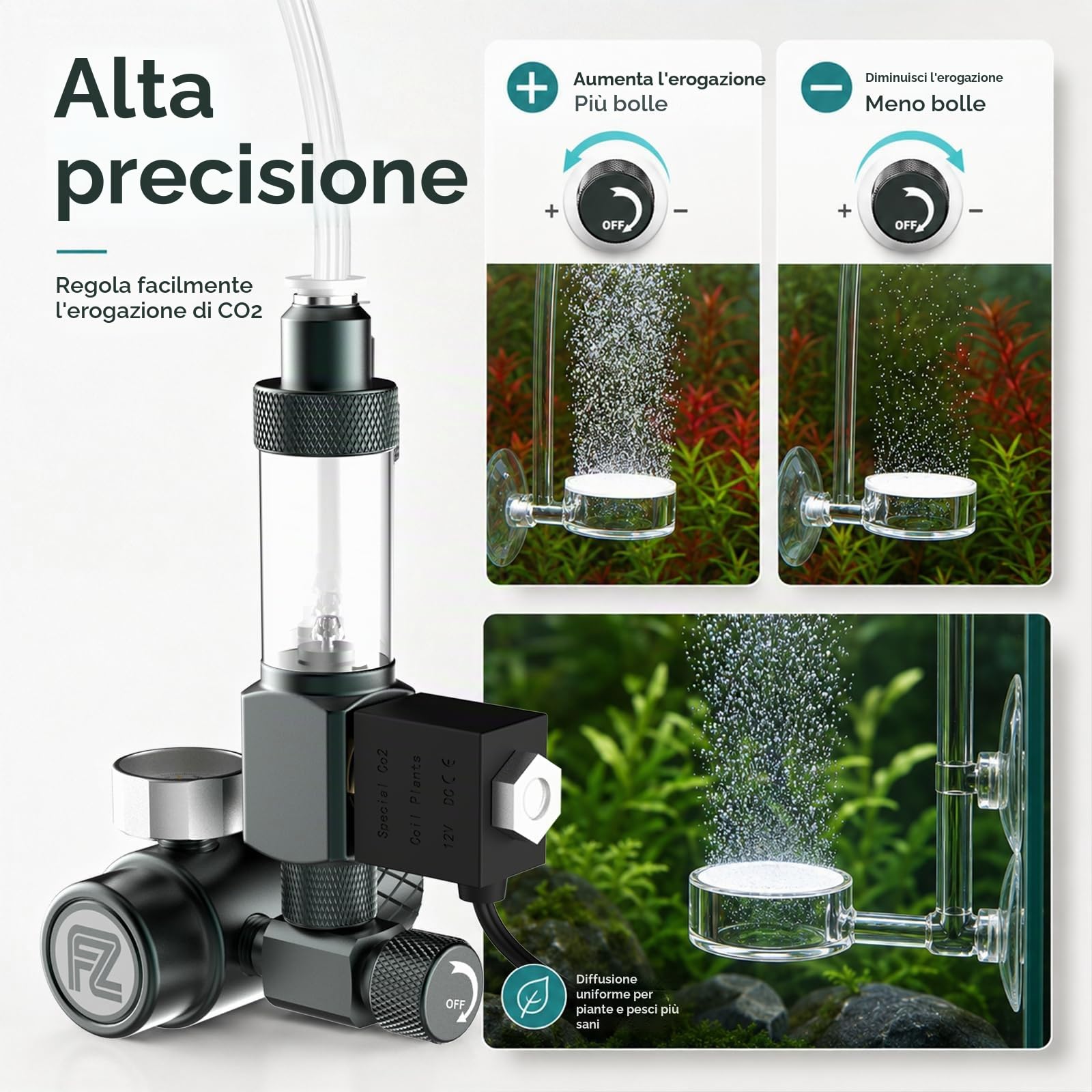 FZONE Kit Regolatore CO₂ per Acquario（W21.8）, Sistema CO₂ Compatto con Diffusore, Elettrovalvola DC Aggiornata e Contabolle con Valvola di Non Ritorno, per Sistemi CO₂ in Acquari di Piante Acquatiche