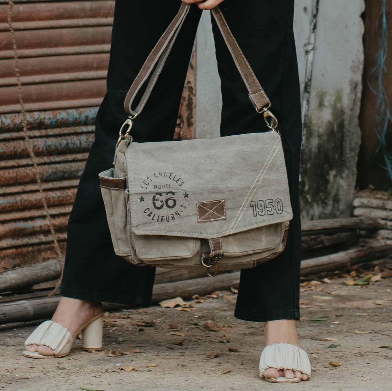 3B-Route 66Upcycled Vintage Military Leather Canvas Shoulder Bag Laptop Messenger Bags Medium Crossbody Purse with 2 Straps - Image 7