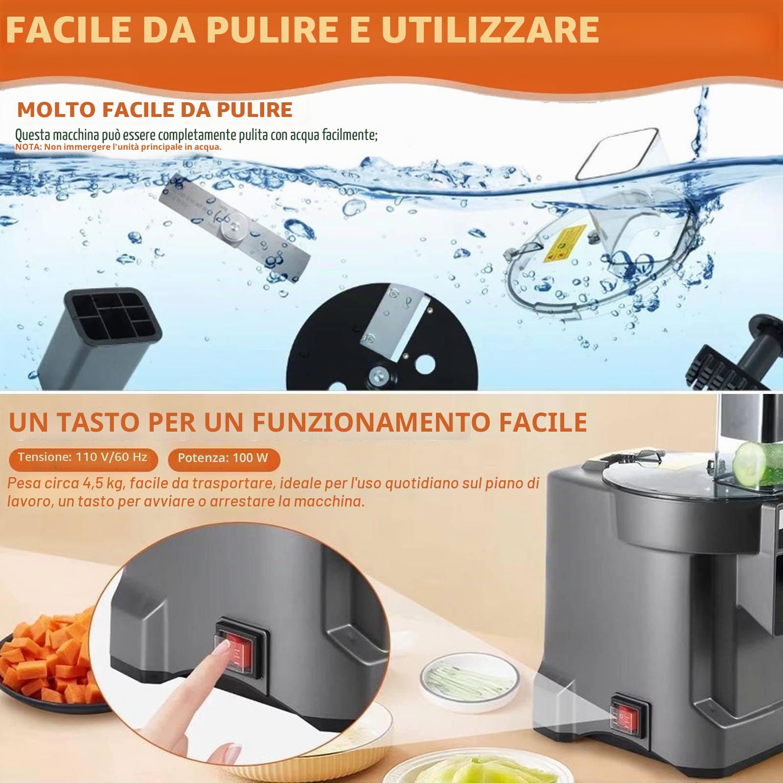 Tagliaverdure Automatica 100w | (Taglia A Cubetti/Affetta/Tritura) | Affettatrice Elettrica Per Frutta E Verdura,Macchina Tagliare A Cubetti E Triturare,Robot Cucina-Calibro Grande: 76*60mm A