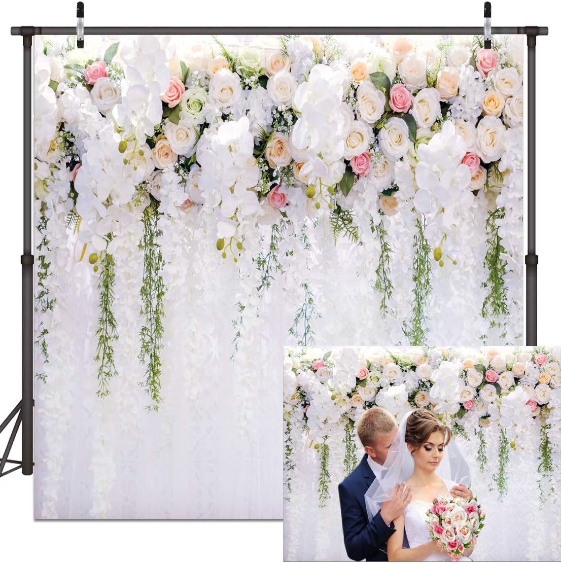 8X8FT White Flower Backdrop Curtain Floral 3D Flower Wedding Birthday Party Background Photo Backdrop Carnival Party Backdrop
