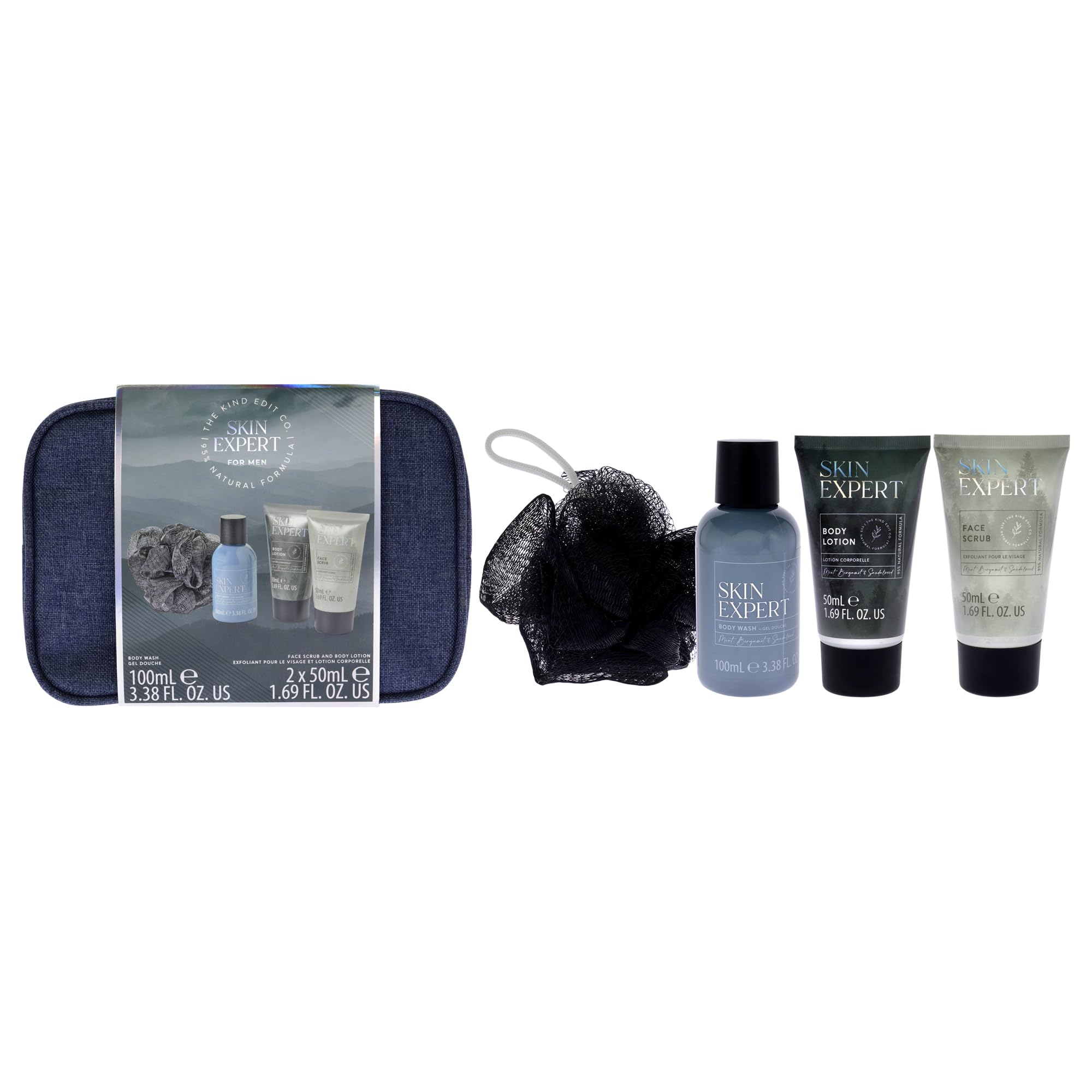 Skin Expert Travellers Bag by The Kind Edit Co for Men, 5 Pc 3.38oz Body Wash, 1.69oz Body Lotion, 1.69oz Face Scrub