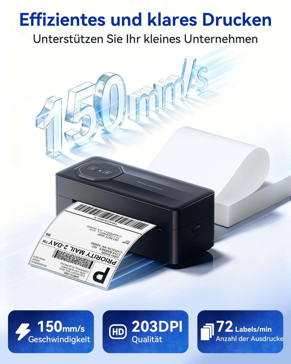 TATTMUSE Bluetooth Thermodrucker 4x6 Zoll – Etikettendrucker für Versandetiketten, kompatibel mit DHL, Amazon, FedEx, Shopify, Etsy & Royal Mail. Ideal für Barcode, Paketaufkleber und Logistik