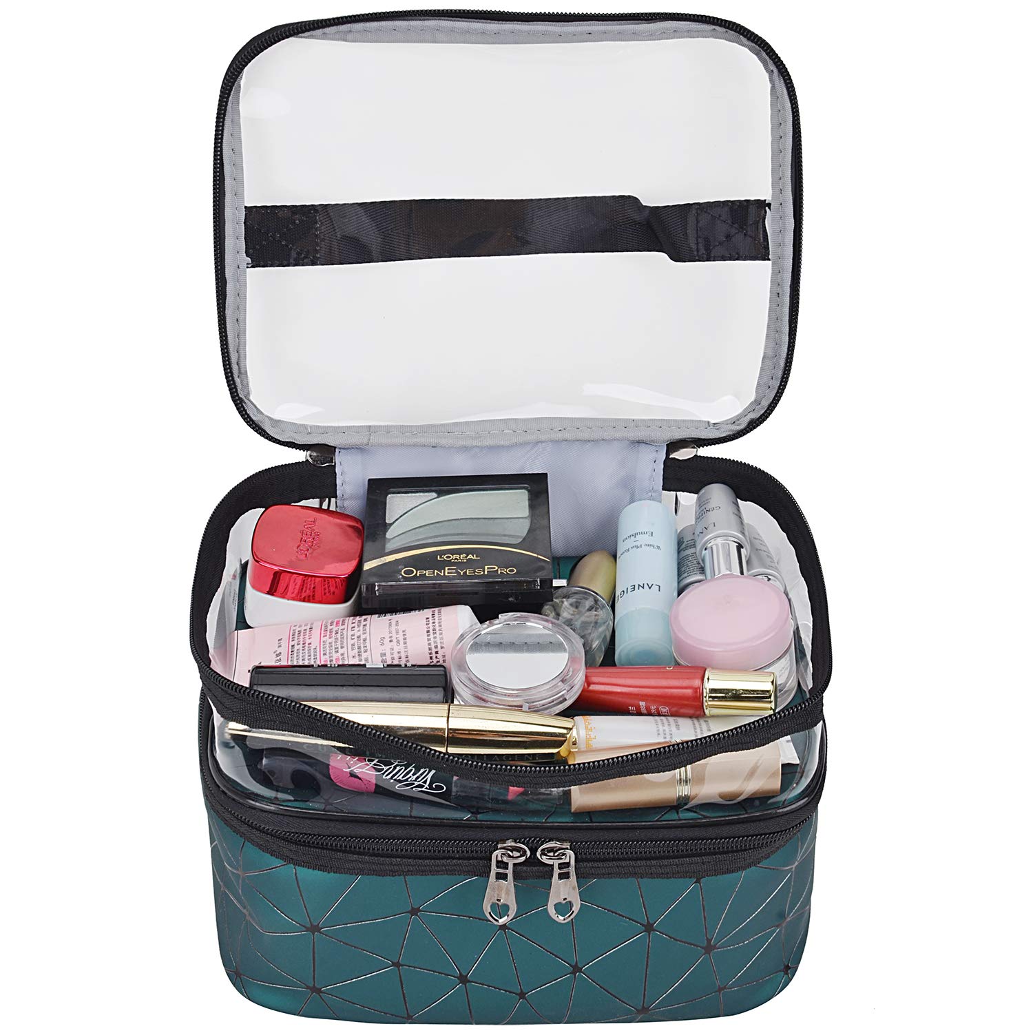 MKPCW Makeup Bag Double layer Travel Cosmetic Case Make up Organizer Toiletry Bag (Dark green)