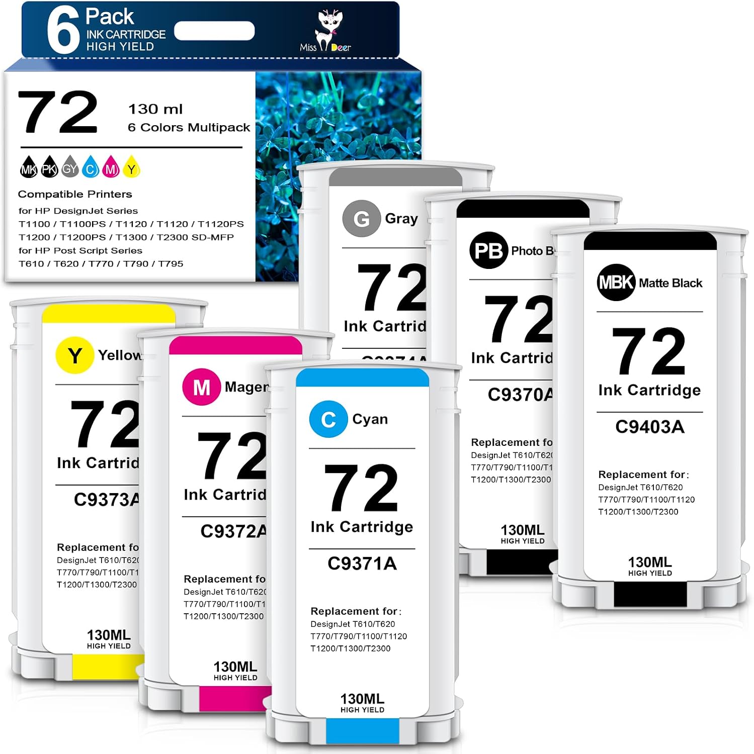 72 Ink Cartridges Compatible Replacement for HP 72XL HP72 for DesignJet T790 T795 T1300 T1100 T1200 T2300 T770 Printer (130-ml, 6-Pack, Matte Black, Photo Black, Cyan, Magenta, Yellow, Gray) Miss Deer