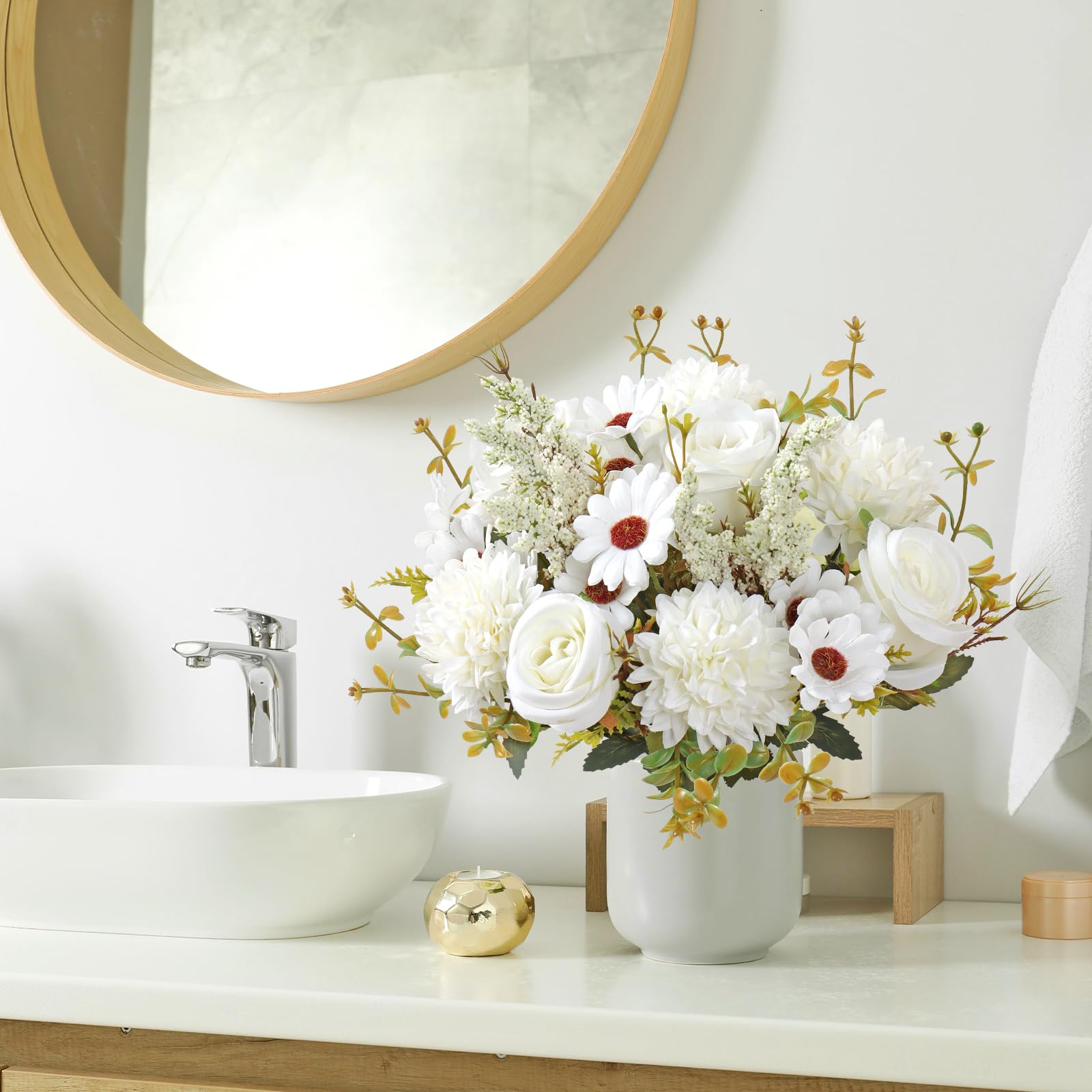 MEIVINES 2 Bunches White Artificial Flowers Fake Flowers Artificial Flower Bouquet Faux Roses Silk Flower Arrangements for Wedding Party Home Kitchen Decorations - Image 2