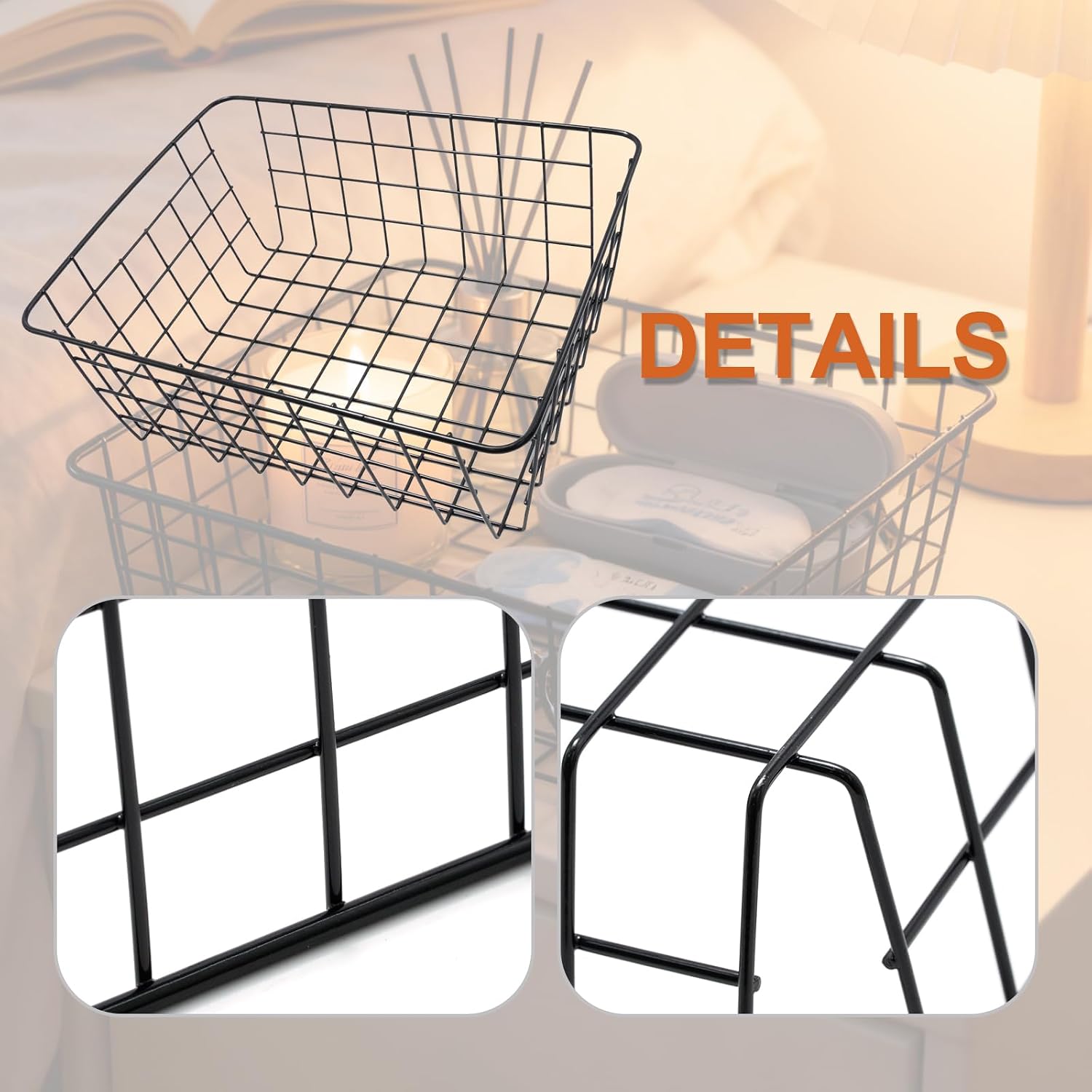 2Pcs Black Wire Kitchen Storage Baskets, Pantry Organization Accessories Basket, Stackable Metal Mesh Organizer with Handles, Multi-Purpose Basket for Fruits Bathroom Kitchen image 3