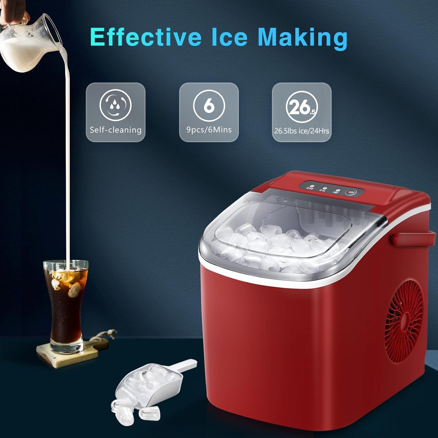 R.W.Flame Ice Makers Countertop, Portable Ice Maker Machine With Self-Cleaning, 26.5lbs/24hrs, 6 Mins/9 Pcs Bullet Ice, Ice Scoop And Basket, Handheld Ice Maker For Kitchen/Home/Office/Party,Red on Fridge.com - View 2