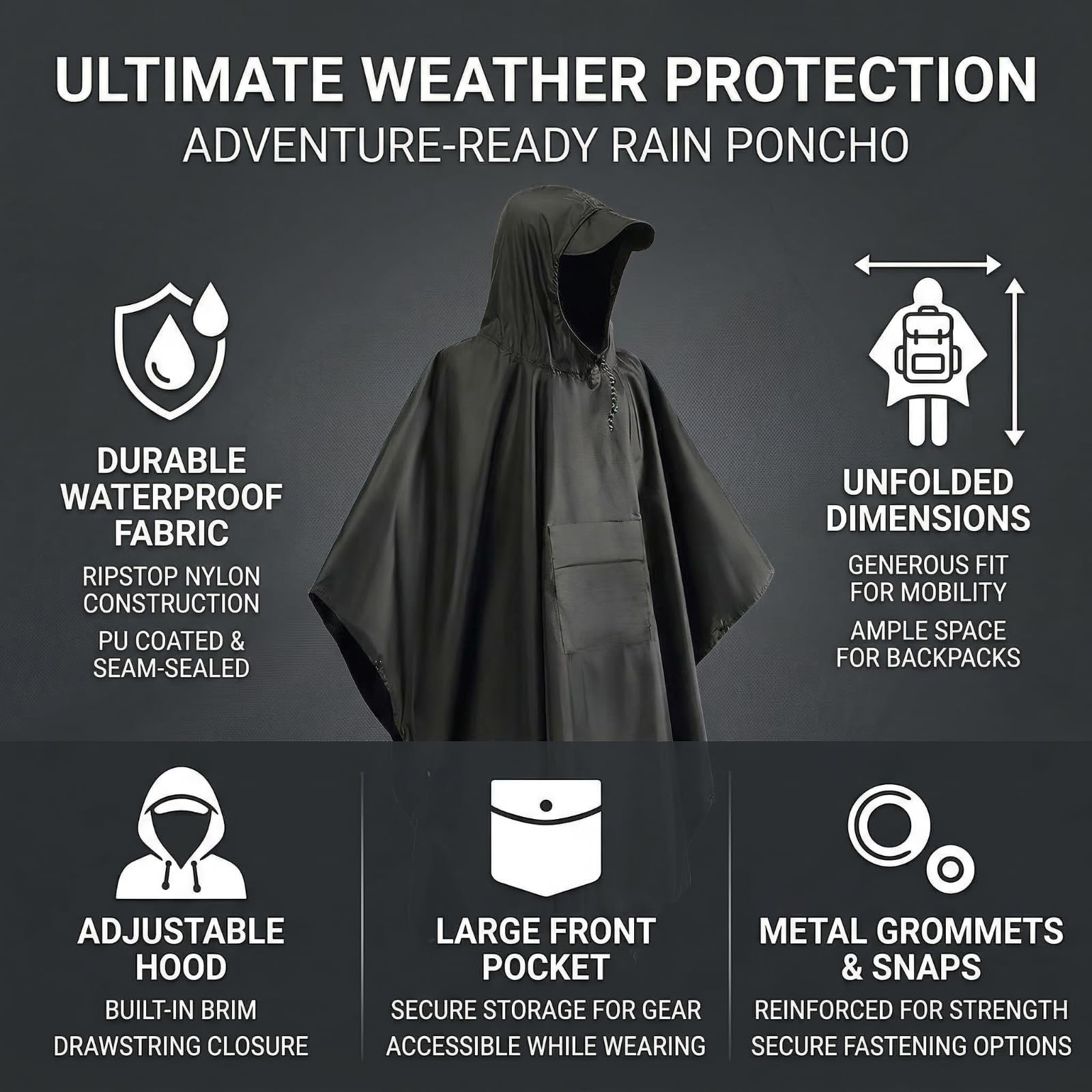 Oxford 210T Poncho de pluie imperméable pour homme Poncho de pluie pour festival, vélo et randonnée 3 en 1 imperméable à capuche pour camping