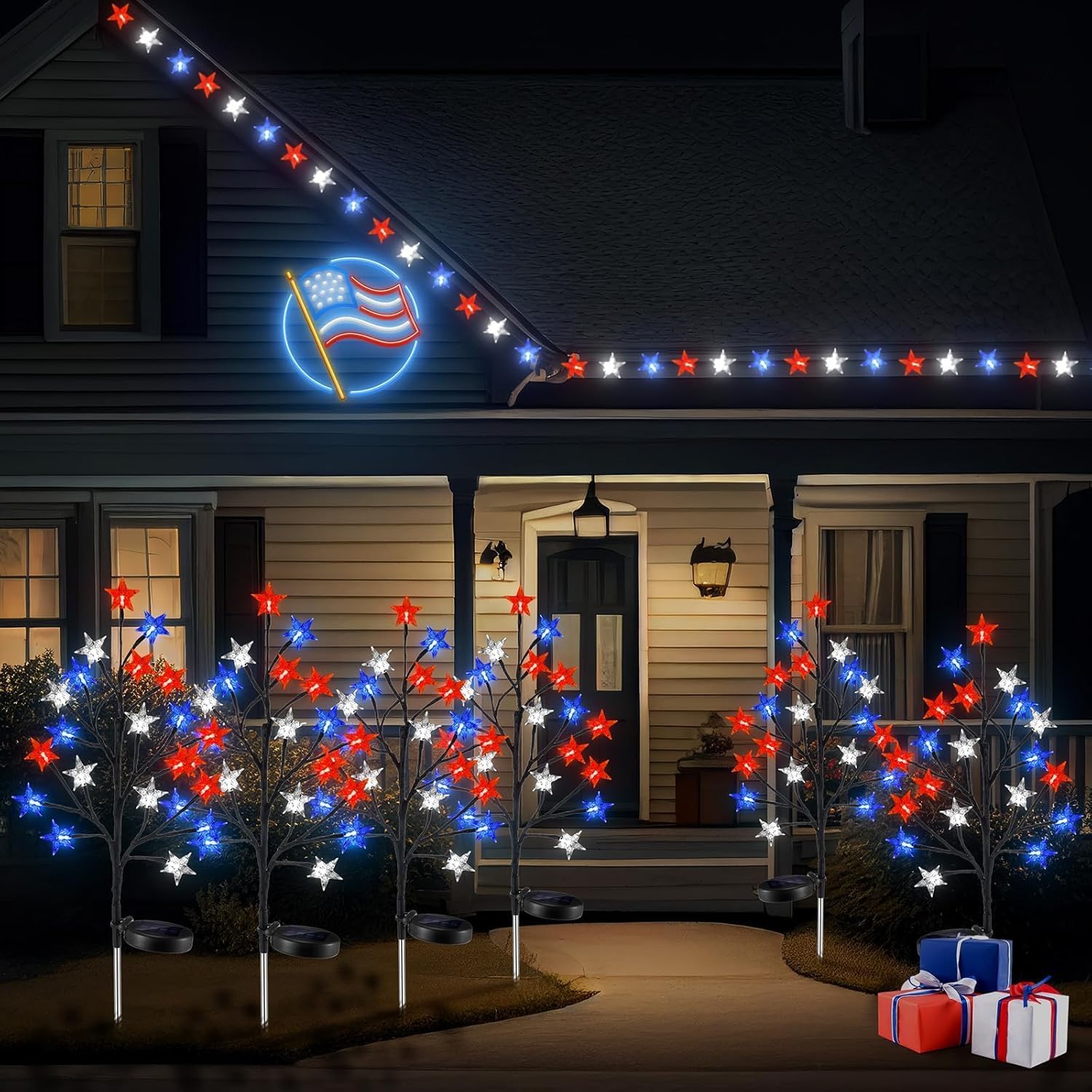 8 Piece Solar American Flag Pathway Lights Outdoor Red White and Blue Solar Lights IP66 Waterproof with 8 Lighting Modes for 250th Anniversary 4th of July Decorations Outdoor (B)