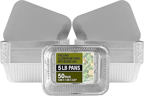 Miniatura 6 de PARTY BARGAINS Sartenes de papel de aluminio de 5 libras con tapas, juego de 25 unidades con tapas de tabla, recipiente de alimentos oblongos de 9 x