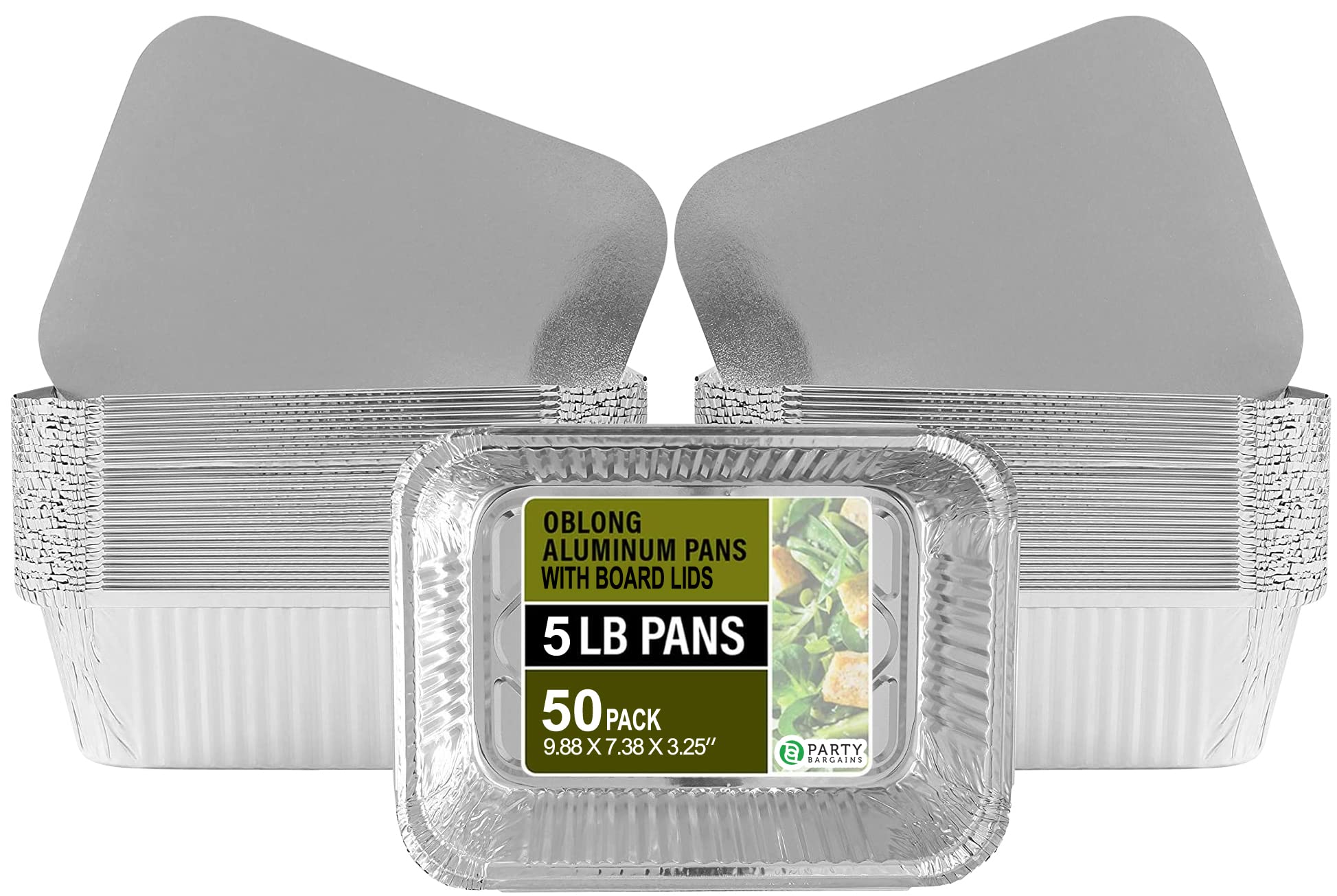 PARTY BARGAINS 5 Lb. Aluminum Foil Pans with Lids - 50 Count Set with Board Lids, 9 x 7 Inches Oblong Pan Food Container for Hot and Cold Use (Max 240°C)