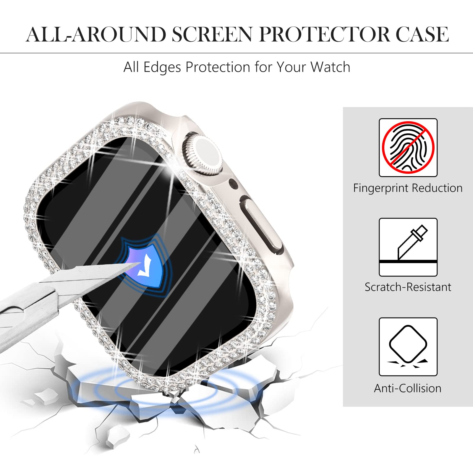 WINGLE Confezione da 10 custodie protettive per Apple Watch da 45 mm, serie 9, 8, 7, con vetro temperato, con strass, per Apple Watch iWatch 9/8/7 da donna, 45 mm