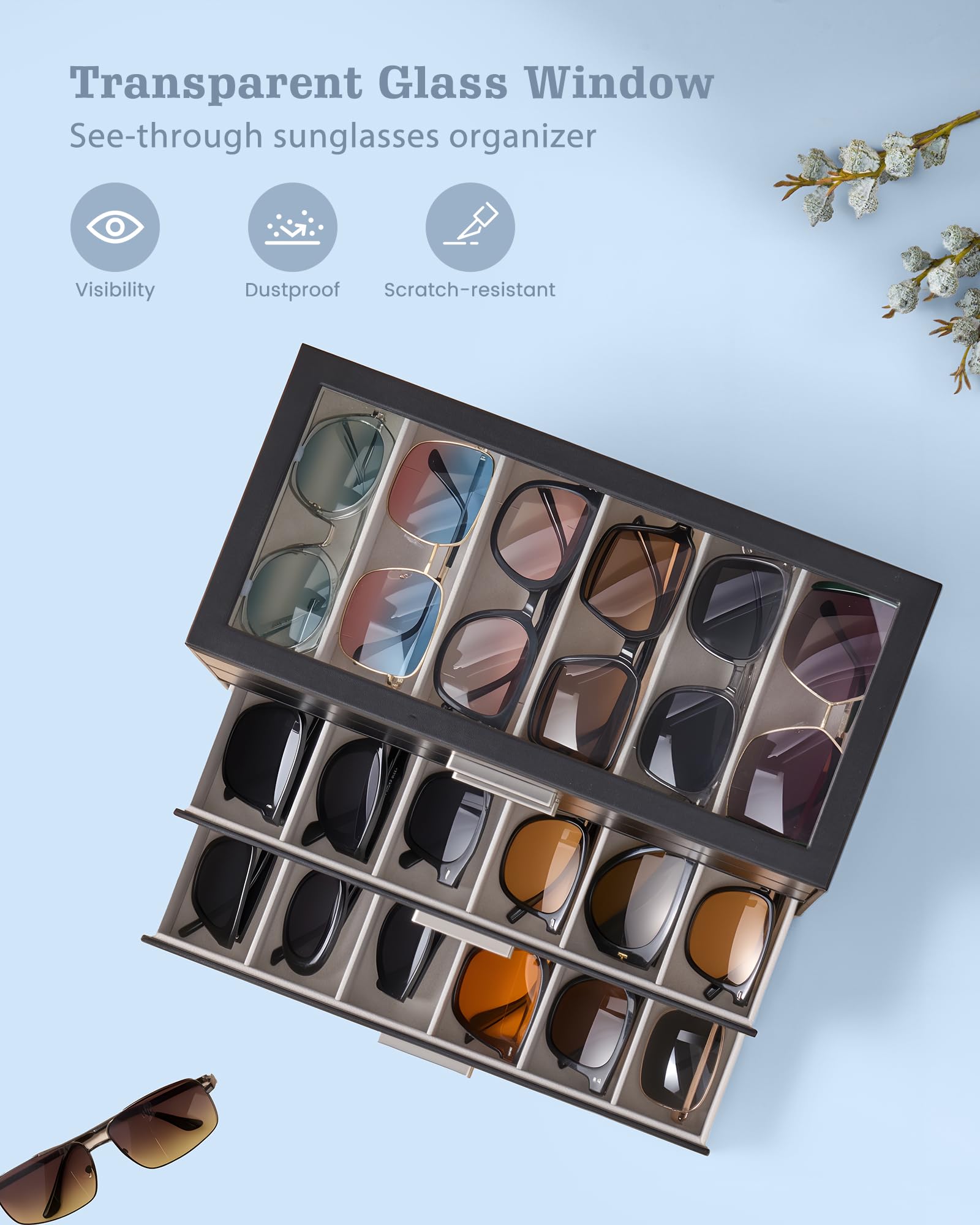 Lolalet Occhiali da sole Organizzatore, scatola da occhiali da sole con coperchio di vetro trasparente Display Case Storage Holder