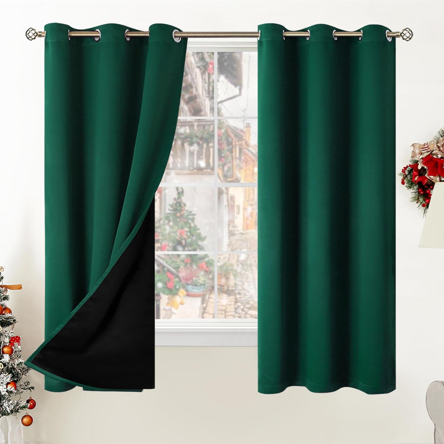 BGment Thermal Insulated 100% Blackout Curtains for Bedroom with Black Liner, Double Layer Full Room Darkening Noise Reducing Grommet Curtain (42 x 63 Inch, Emerald, 2 Panels)