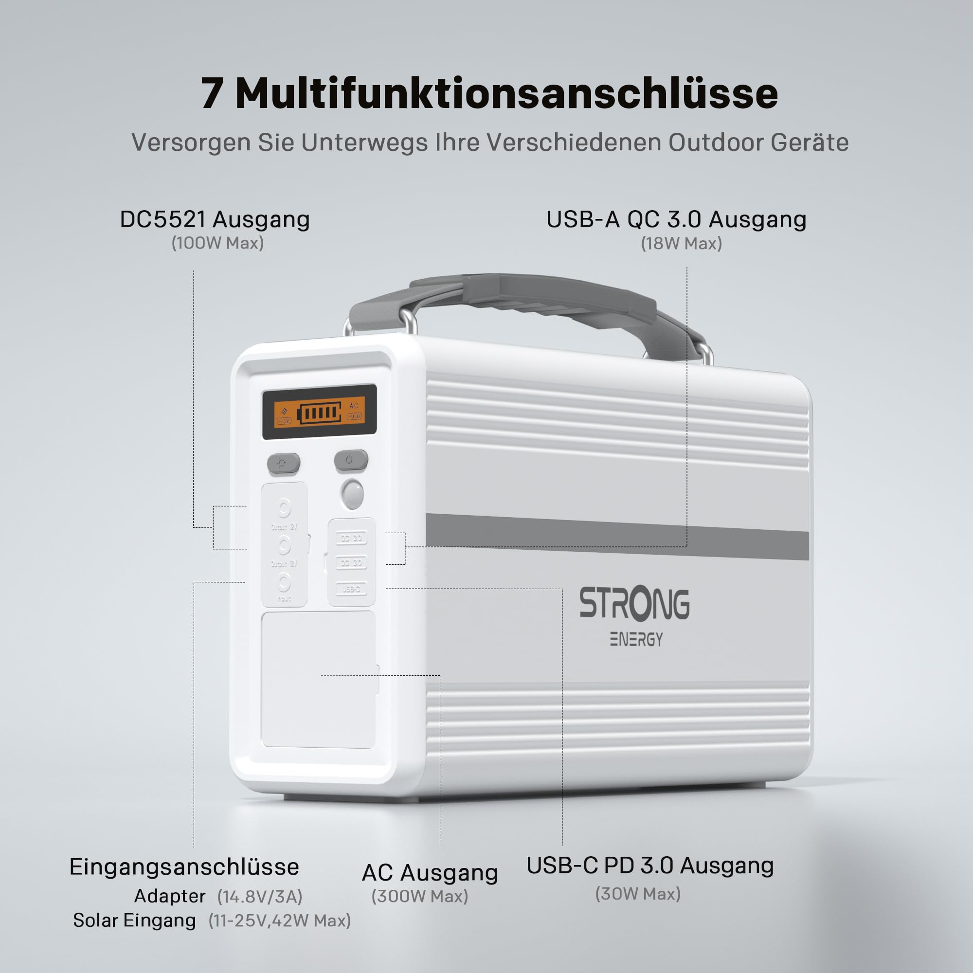 STRONG P300 Tragbare Powerstation, 307,2Wh LiFePO4 Akku, 300W Solar Generator, MPPT-Technologie, BMS-Schutz, QC3.0 & 30W PD, ideal für Camping, Reisen & Notfälle im Freien