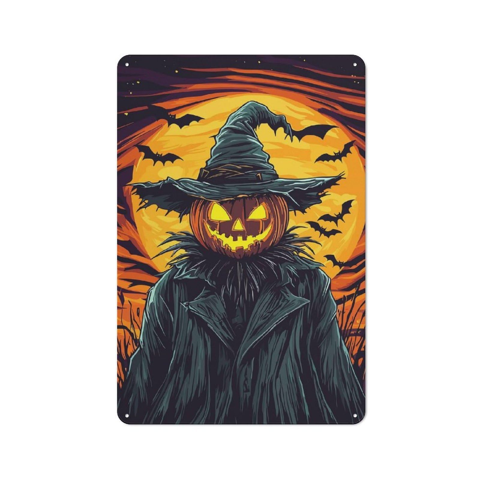 Junmoney Halloween Pumpkin Scarecrow With Bats Metal Sign 30X20cm With For Workshop Wall, Vintage Decor, A Decorative Christmas Gift For Metal Sign Collectors