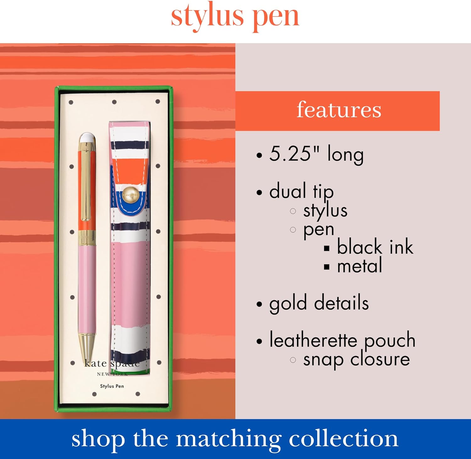 kate spade new york Stylus Pen for Touch Screens, Metal Ballpoint Pen with Black Ink and Storage Pouch, Ocean Stripe