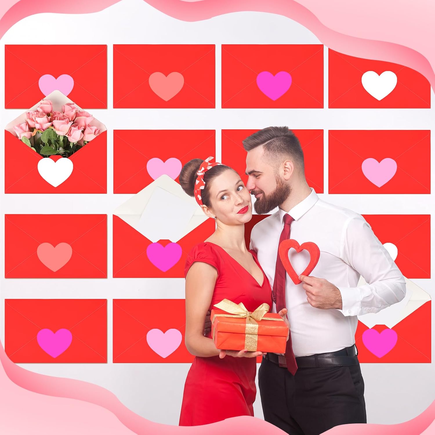 Gueevin 16 Pcs Large Valentine's Day Decor Jumbo Valentine's Love Letter Backdrop DIY with Heart Sticker 9.84 x 15.75 Inches Red Love Letter Wall Ornament for Room Galentine's Day Wedding