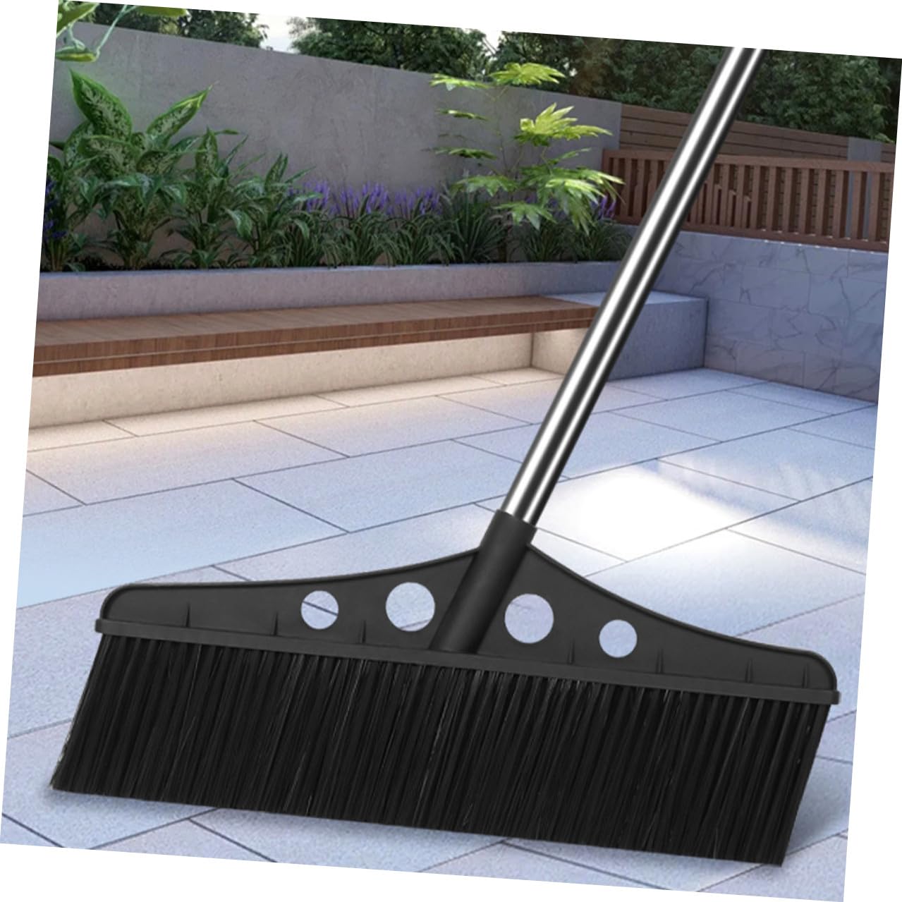 Scopa da Giardino con Struttura in Acciaio Inox Nera con Manico Ergonomico e Setole in Nylon Resistente Spazzatrice Esterna per Pulizia Efficiente di Cortili e Magazzini