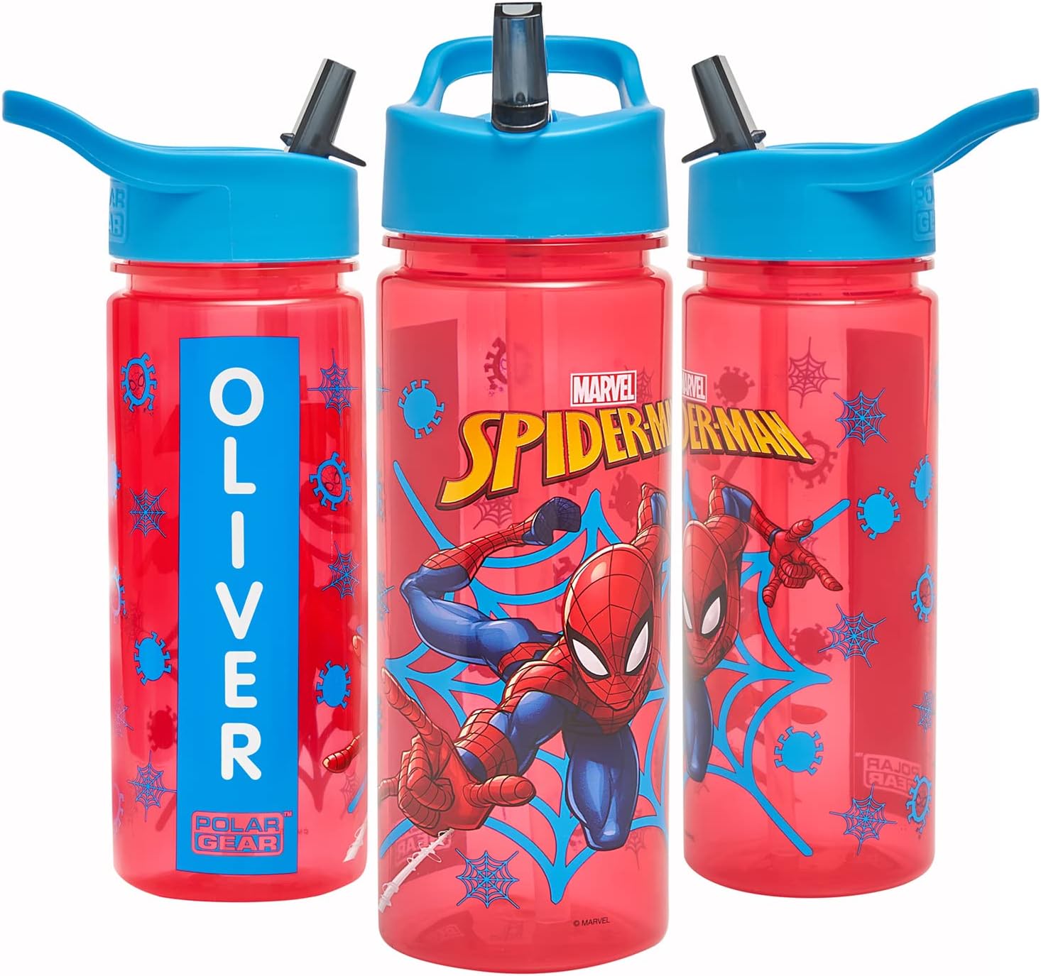 Marvel Spider-Man Personalised Sticker Water Bottle with Straw 500ml – Official Merchandise by Polar Gear Kids Reusable Non Spill BPA Free Tritan – Ideal For School Nursery Sports Picnic, Red & Blue