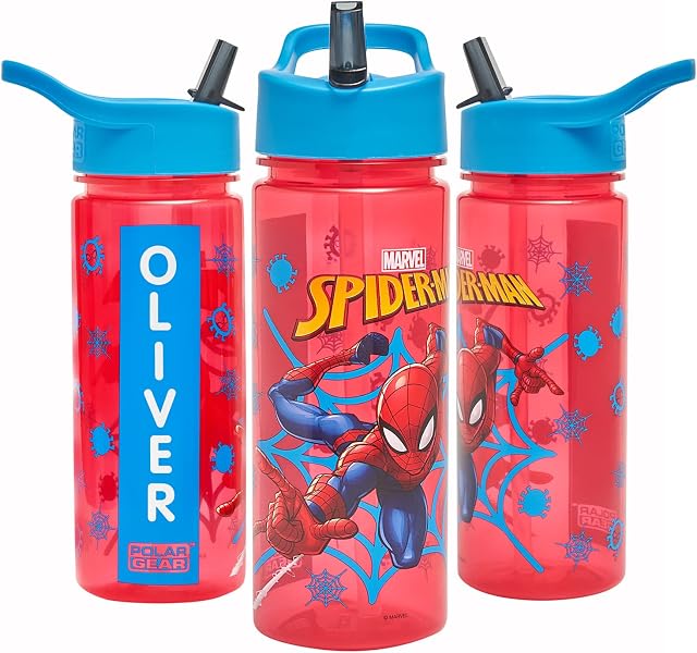 Marvel Spider-Man Personalised Sticker Water Bottle with Straw 500ml  Official Merchandise by Polar Gear Kids Reusable Non Spill BPA Free Tritan  Ideal For School Nursery Sports Picnic , Red & Blue