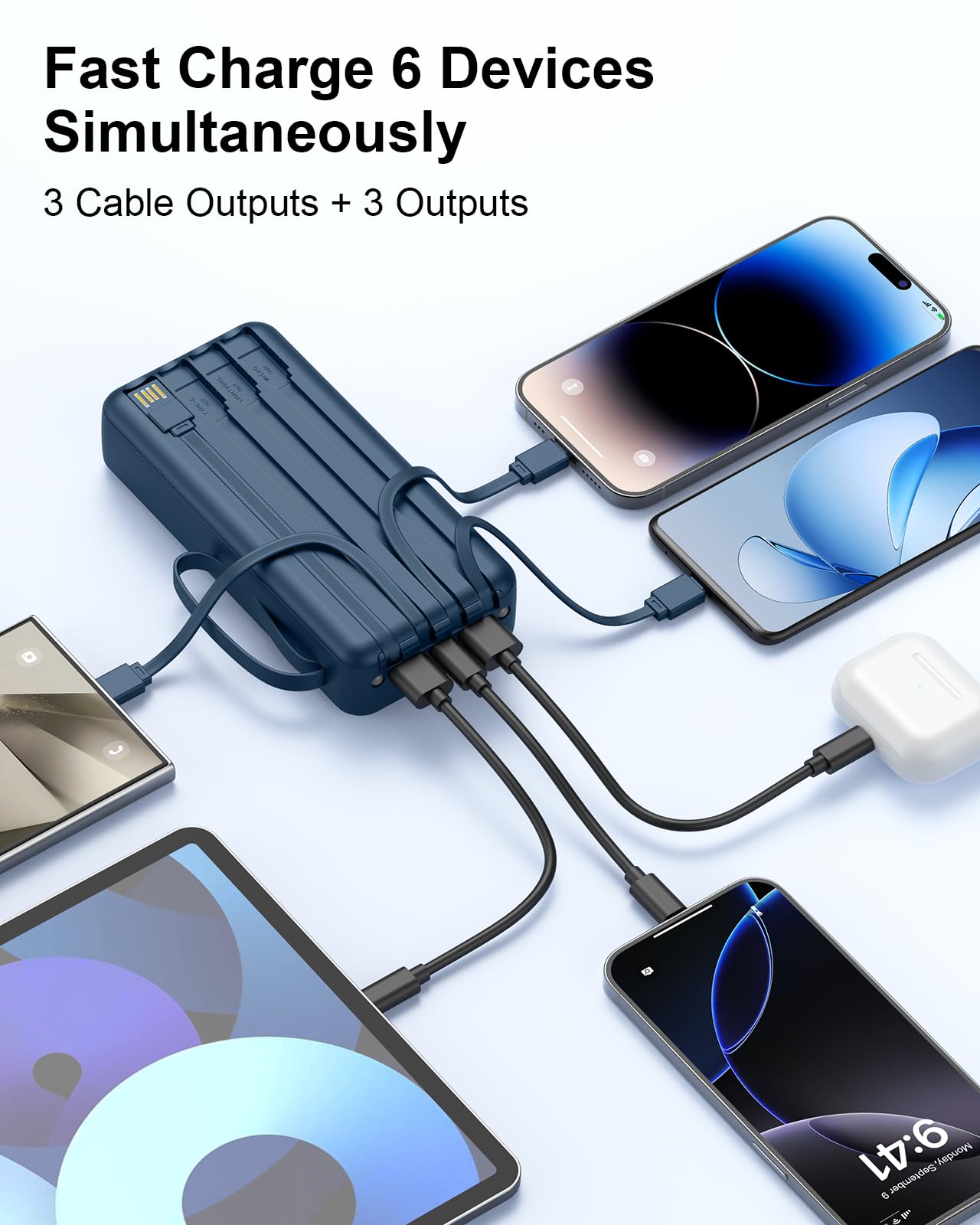 Cargador portátil con cables integrados, delgado de 20000 mAh, carga rápida, 22,5 W, batería externa USB C, pantalla LED, paquete de 6 salidas y 2 entradas para iPhone, Samsung, Pixel, LG