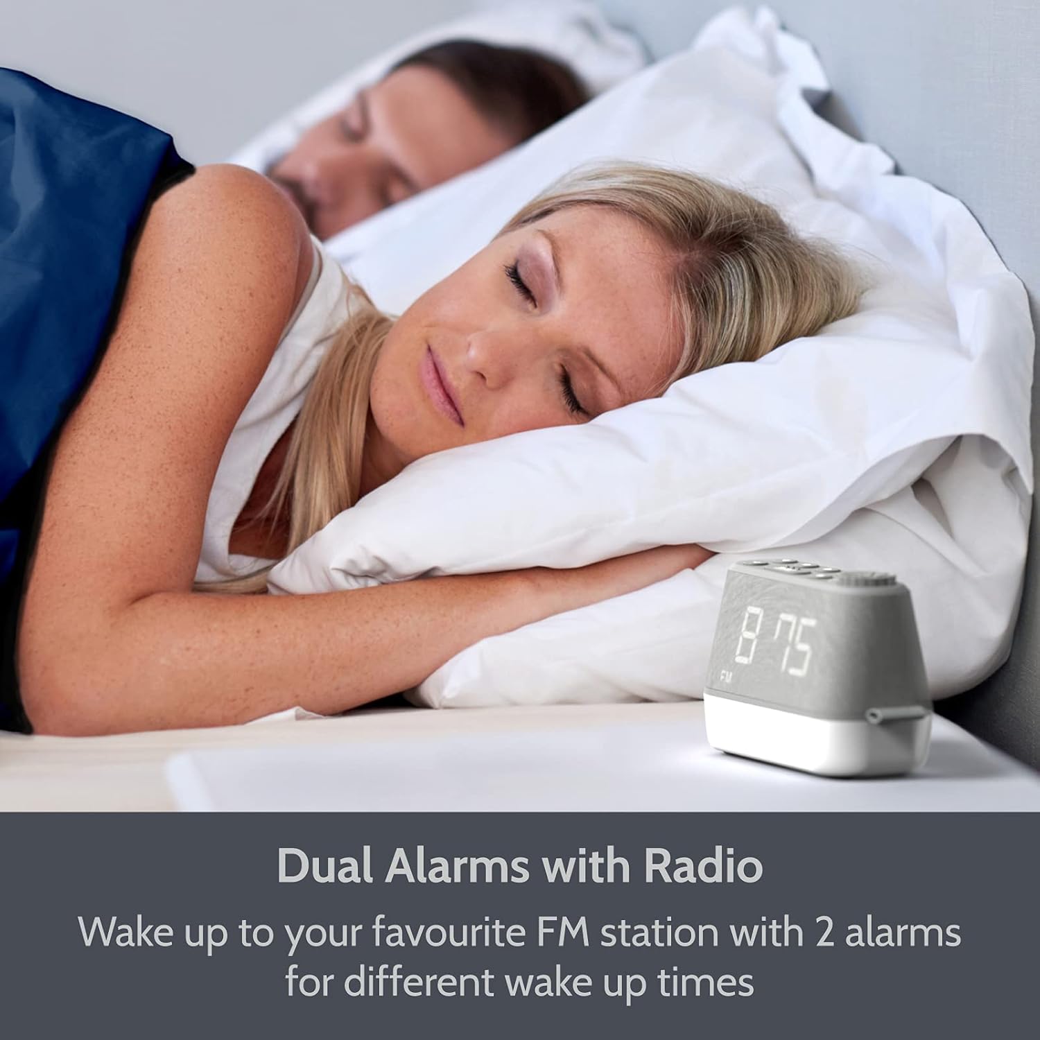 i-box MiniGlow with two people sleeping, showing dual alarm functionality