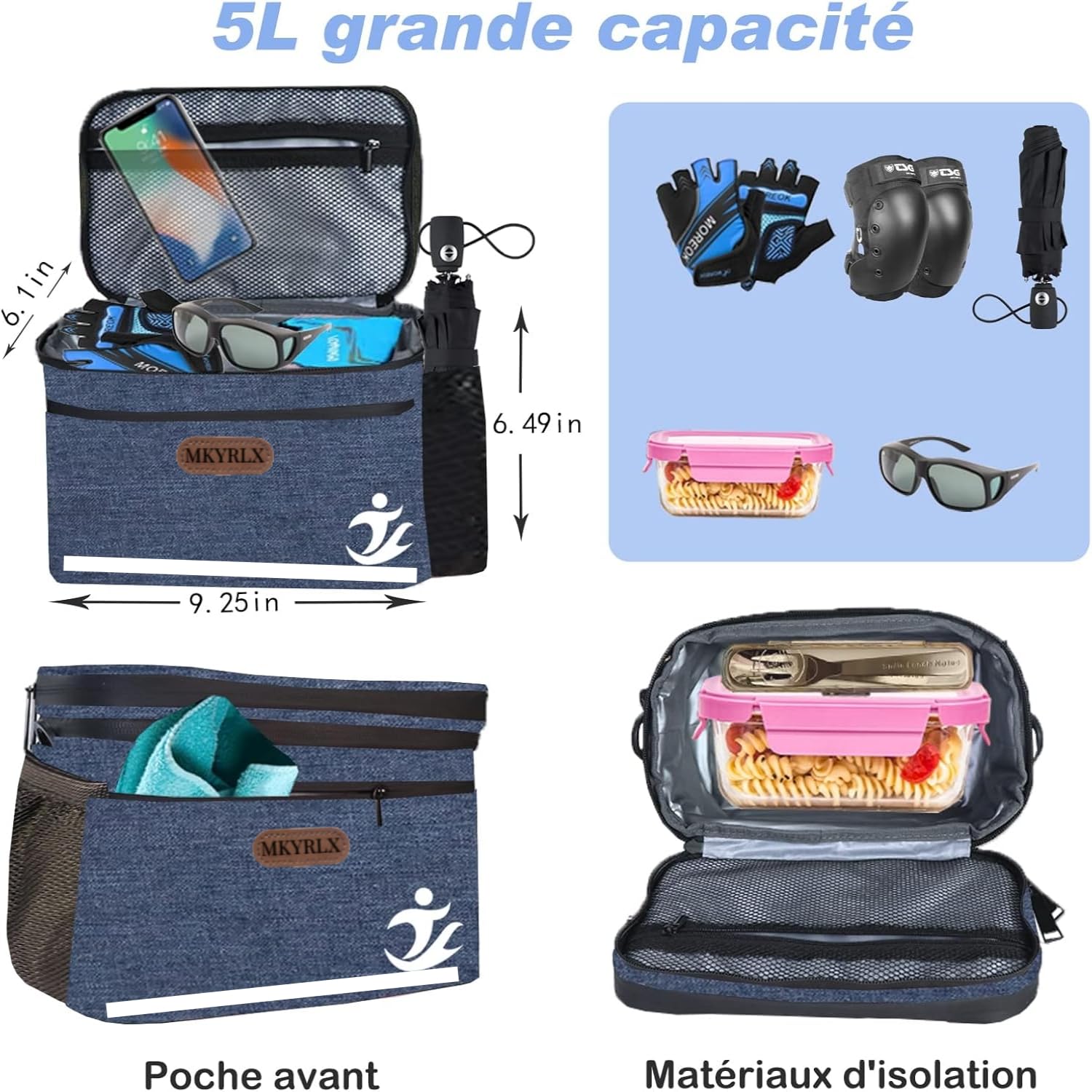 Sacoche Vélo 5L Imperméable – Sac Guidon avec Support Téléphone Étanche, Compartiment Isotherme pour Repas, Bandoulière Amovible, Idéal Cyclisme, Travail