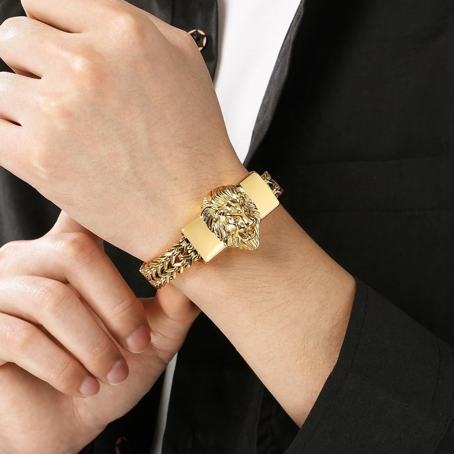 Lion Head Men's Bracelet Gold Tone Stainless Steel Cuban Link Chain Punk Hip Hop Jewelry, Gift for Him