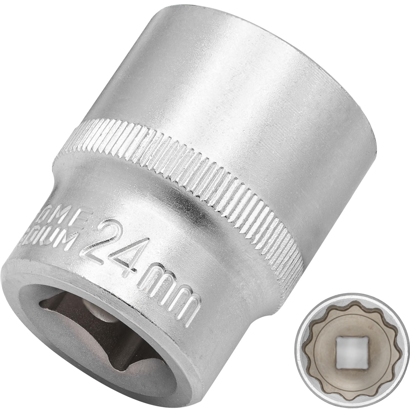 DAKCOS 24mm Spline Socket 1/2" Drive Multi-Tooth 12 Ponit Socket Spanner,CR-V, Mat Chrome Finis