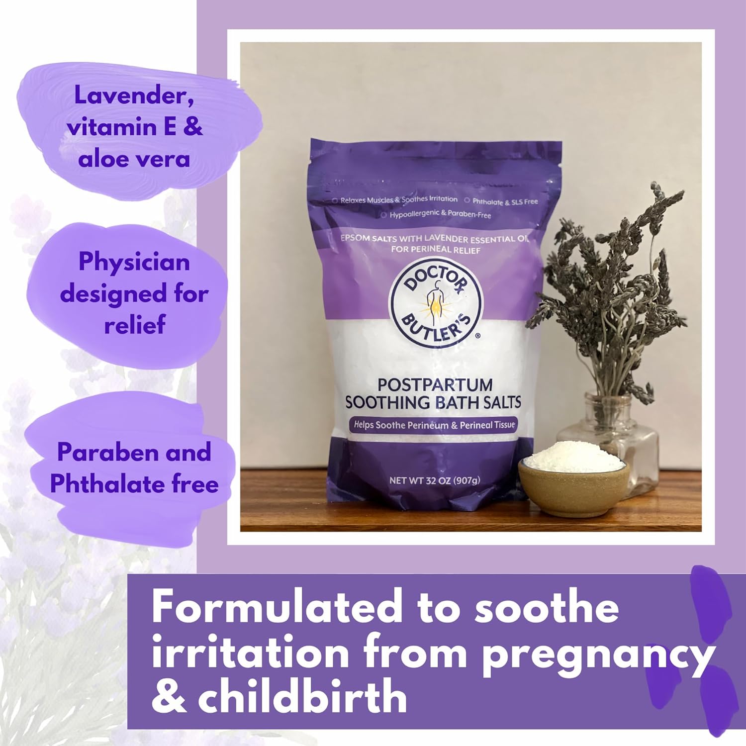 Doctor Butler’s Postpartum Soothing Bath Salts – Epsom Bath Salts for Women for Postpartum Recovery, Hemorrhoids, Discomfort, and Helps Soothe Perineum and Perineal Tissues After Birth (32 oz.)
