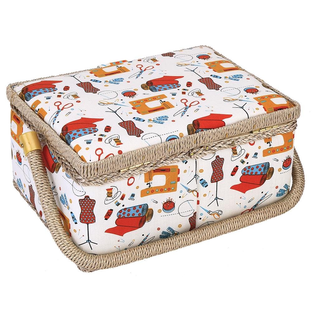 Caja de costura de madera multicolor, grande, organizadora, cesta de tela, hilo y aguja naranja