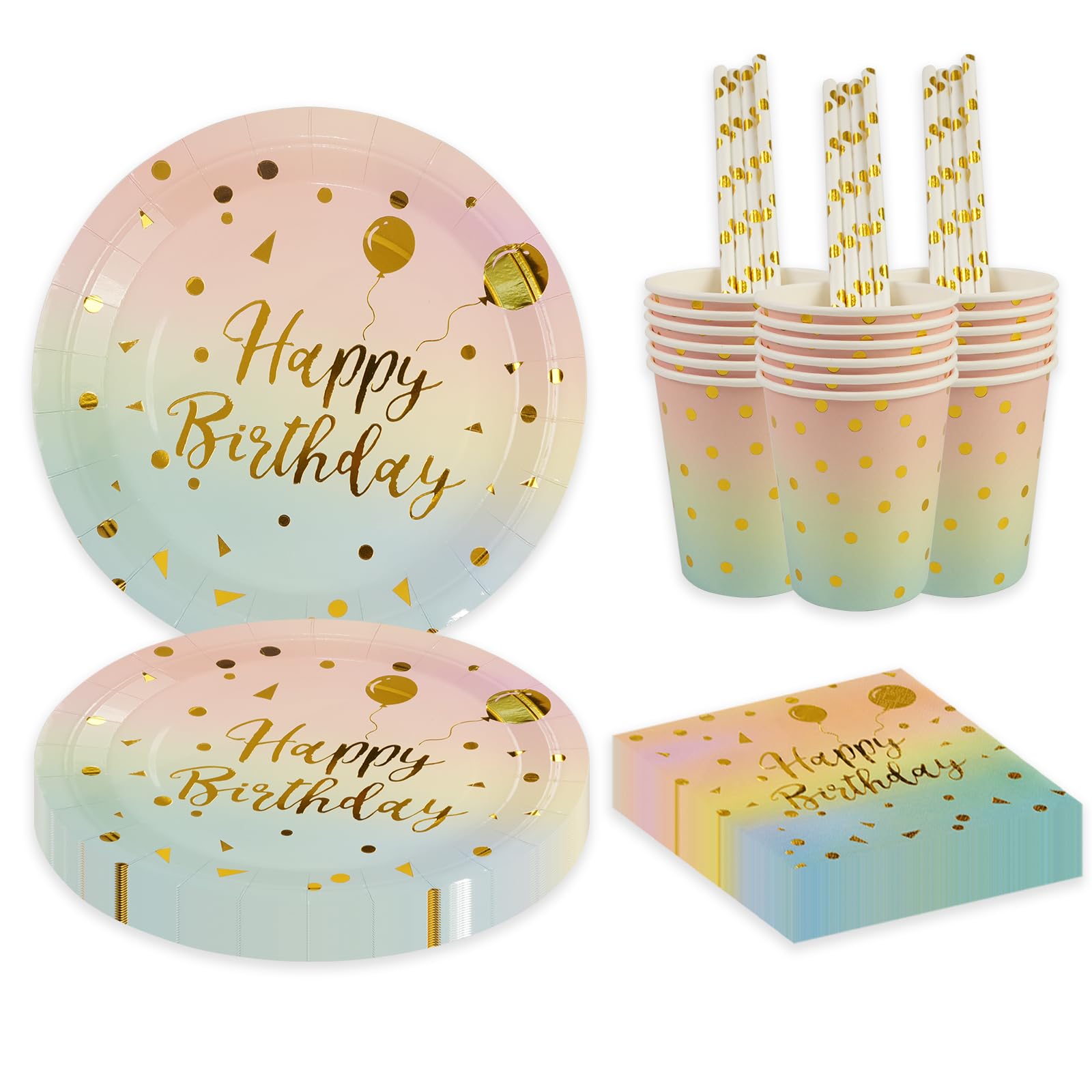 BOKFJBP Lot De 80 Assiettes De Fête D'anniversaire - Doré Dégradé - Réutilisables - Fournitures En Papier, Serviettes, Tasses, Pailles Pour Fête Prénatale, Mariage, Décoration De Mariage - Pour Garçon