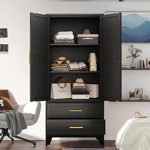 Miniatura 12 de Armario Ropero de Metal de 60" con 1 Cajón, Closet Alto Independiente Arqueado de 2 Puertas para Almacenamiento de Ropa con Estantes Ajustables y