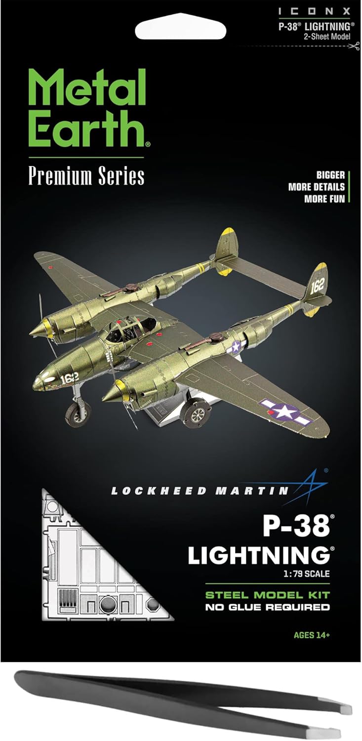 Metal Earth Fascinations Premium Series P-38 Lightning 3D Metal Model Kit Bundle with Tweezers