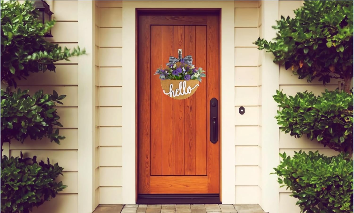 Artificial Flower Pocket Wreath with Hello Sign, 12 Inch Spring Wreaths for Front Door Indoor Outdoor Wall Window Home Party Festival Wedding Decor (Purple Lavender)