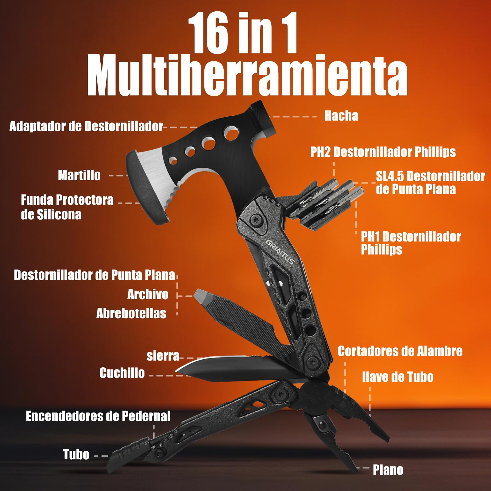 Accesorios Multiherramienta para Acampar Regalos para Hombres 16en1 Herramienta Multiuso con Hacha Supervivencia Navaja Multiusos Regalo Padre