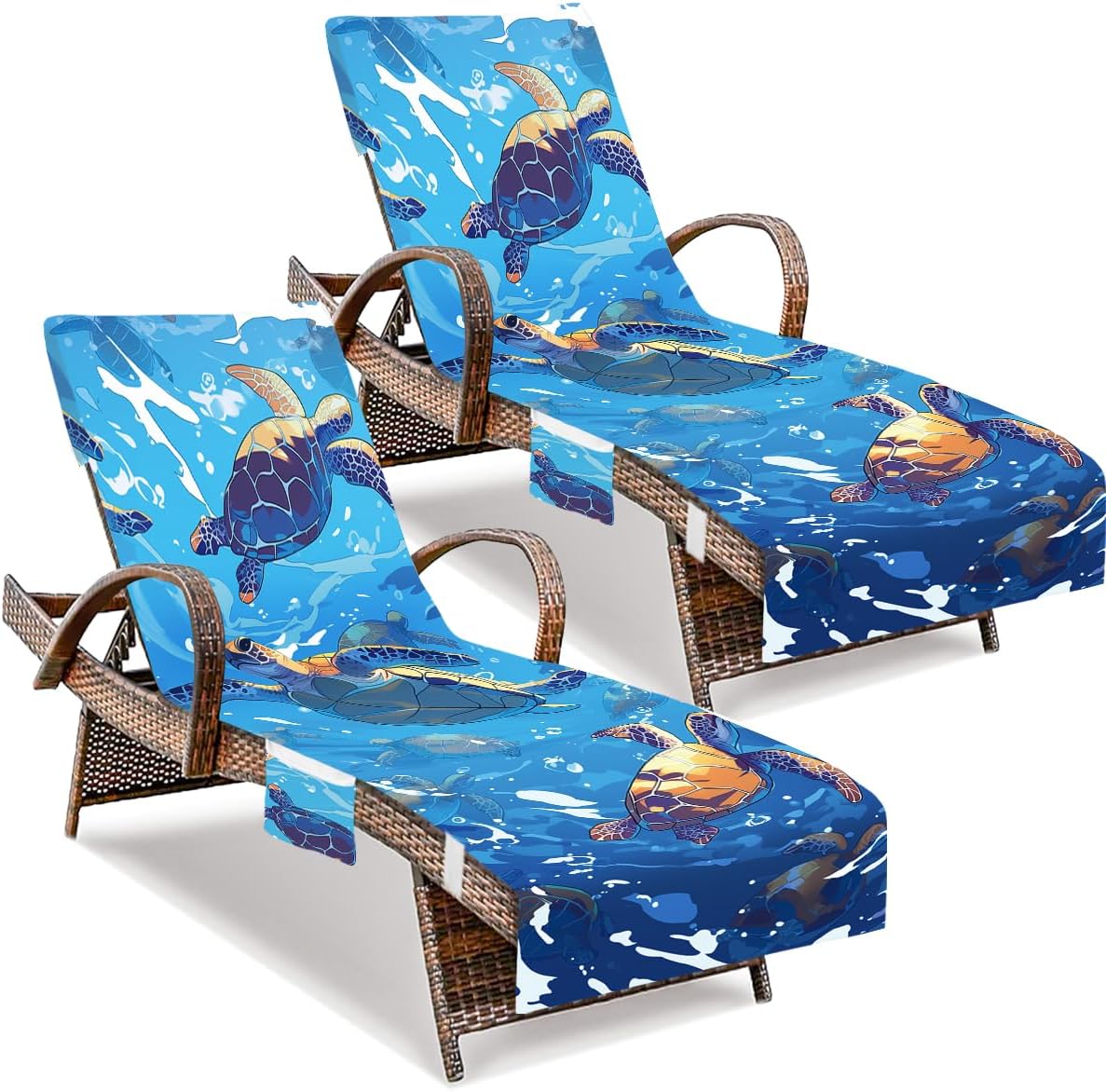 2 PCS Sea Turtle Beach Chair Cover, Lounge Chair Towel Cover with Side Pockets, Pool Lounge Chair Covers for Outdoor, Garden, Beach, Sun Lounger, Hotel Pool, 85" X 30"