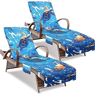 2 PCS Sea Turtle Beach Chair Cover, Lounge Chair Towel Cover with Side Pockets, Pool Lounge Chair Covers for Outdoor, Garden, Beach, Sun Lounger, Hotel Pool, 85" X 30"