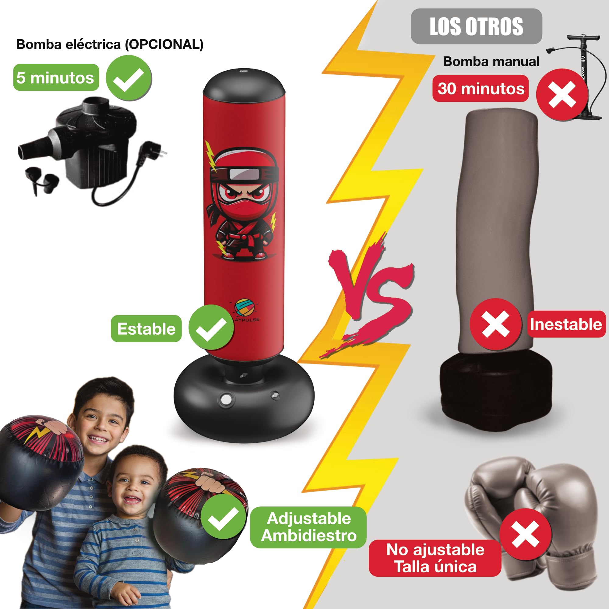 Saco de Boxeo Infantil 160CM - Punching Ball para Niños + Bomba Eléctrica + Guantes de Boxeo Inflables - 3 a 10 Años - Juguete para Exterior e Interior - Saco de Boxeo de Pie