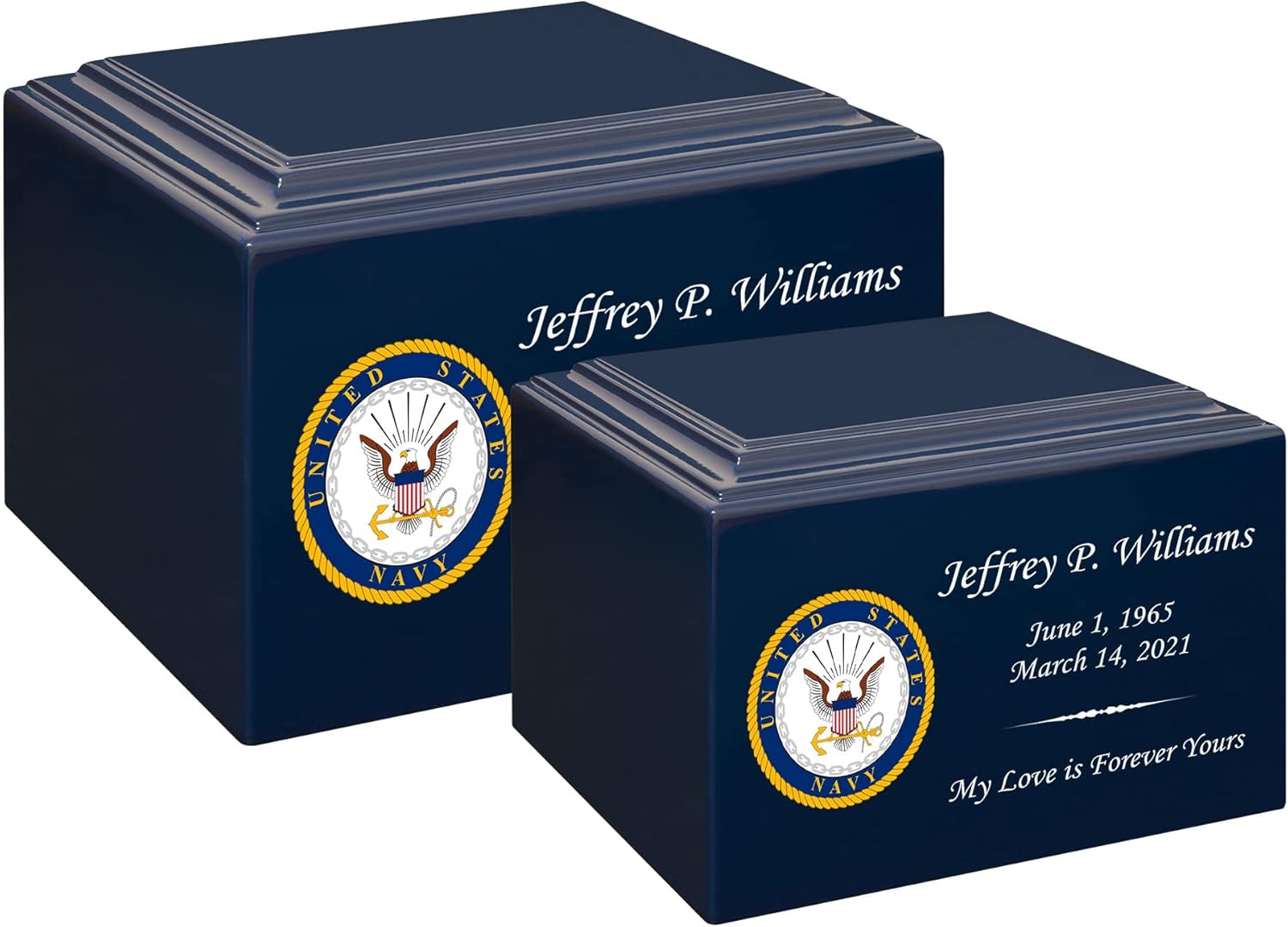 Stonewood Large Full Color Navy Emblem Cremation Urn for Human Ashes - Composite Wood Cremation Urn for Adult Ashes - 280 Cubic Inch Capacity -Personalization Included