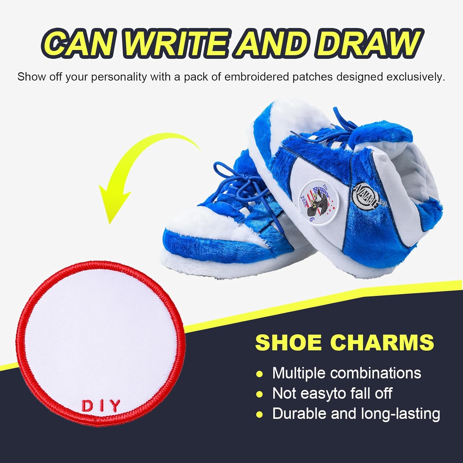 AVAIABLE Sneaker Slippers, Funny Home Pantuflas for Women & Men Comfy Furry Warm Fluffy, Non Slip Sole, Unisex One Size Fits Most, With 5 Pairs Replaceable Decor Embroidered Patches - Image 6