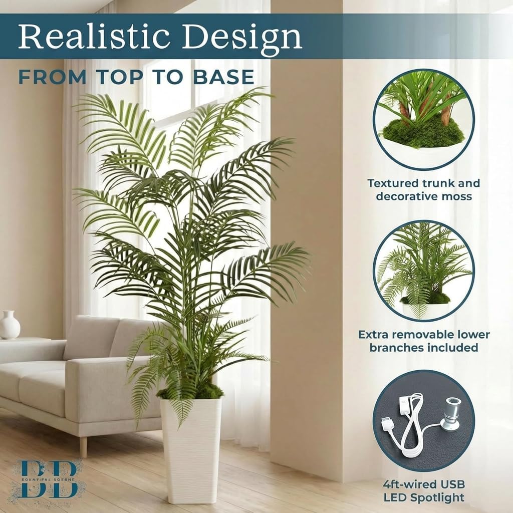 5FT Areca Palm Artificial Tree with LED Light, Tall White Pot, 3 Removable Grass Branches & Moss | Maintenance-Free Indoor Potted Plant