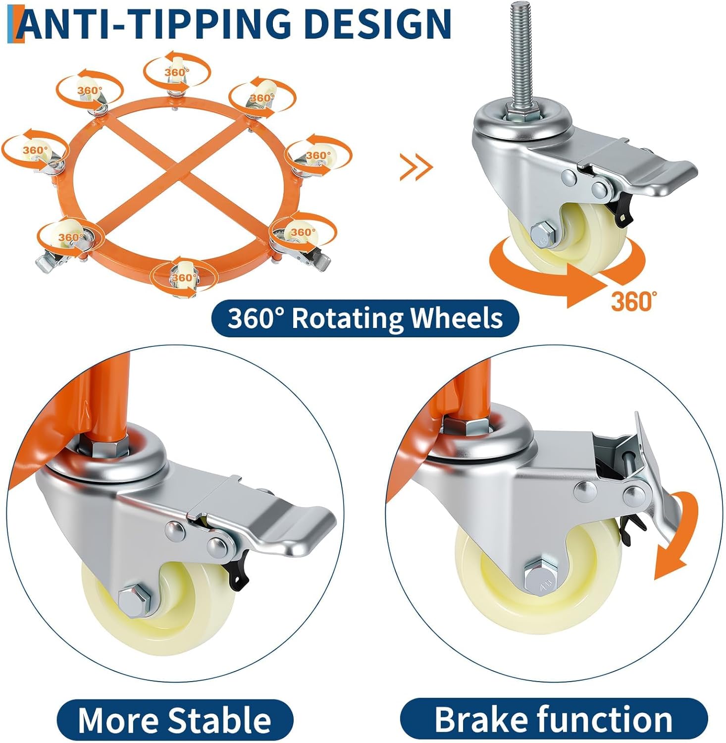 55-Gallon Drum Dolly, Heavy Duty 2000Lbs Load Capacity,Barrel Dolly Cart with Cross Braces & Swivel Casters Wheel,Steel Fram,Non Tipping Design,Barrel Cart with Brake for Warehouse Drum Handling