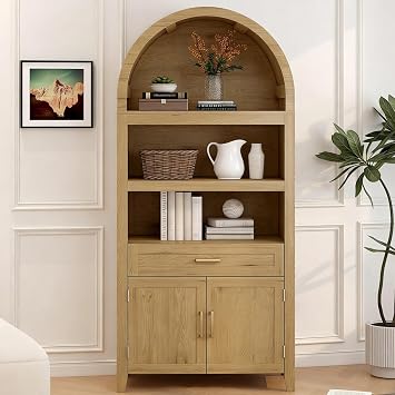 Bookcase,5-Tier Bookshelf with Doors, 166 Cm Tall Living Room Bookcase, Free Standing Display Shelf, Arched Bookshelf for the Living Room, Kitchen, 80 X 38.1 X 166.1 cm Style 1