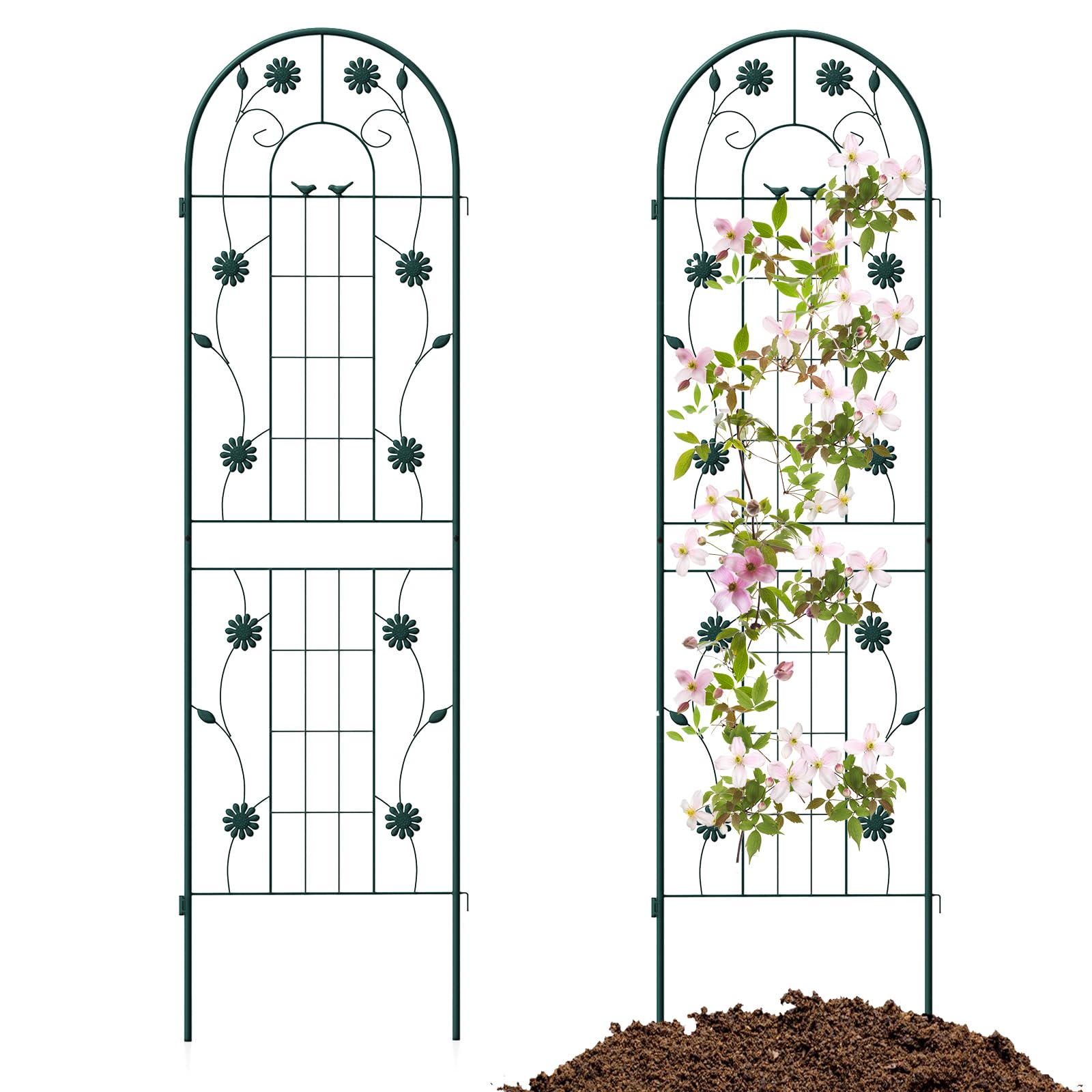 HOMASIS Rankgitter Metall, Spalier für Kletterpflanzen, Rankhilfe zum Stecken, dekorative Gartenspalier Gartenzaun Rankspalier für Rosen Blumen Tomaten (Grün,220x50cm,2)